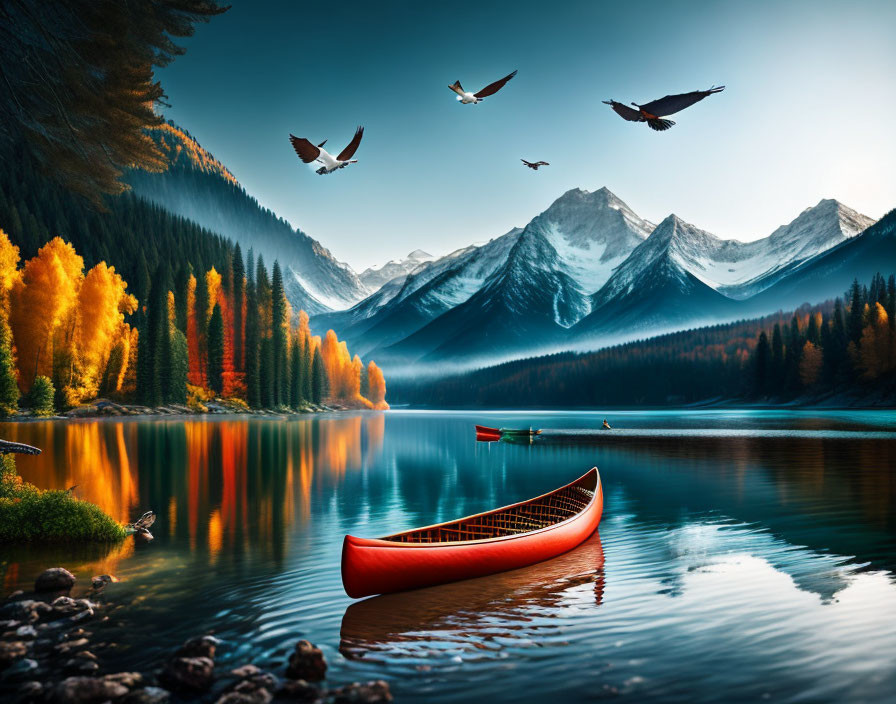 Tranquil lake scene with autumn trees, red canoe, mountains, and flying birds