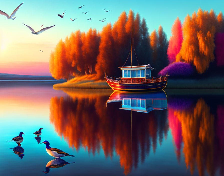 Tranquil lake scene with boat, autumn trees, ducks, and birds at twilight