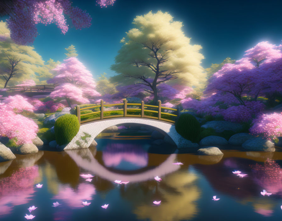 Tranquil Japanese garden scene with arched bridge and cherry blossoms