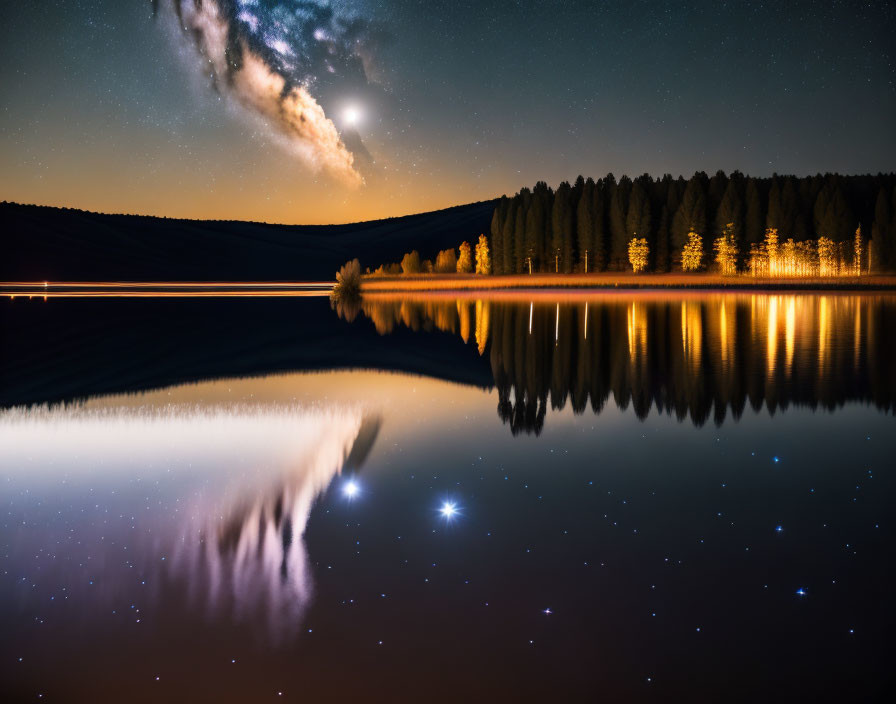 Starry night sky reflected on calm lake with tree silhouettes