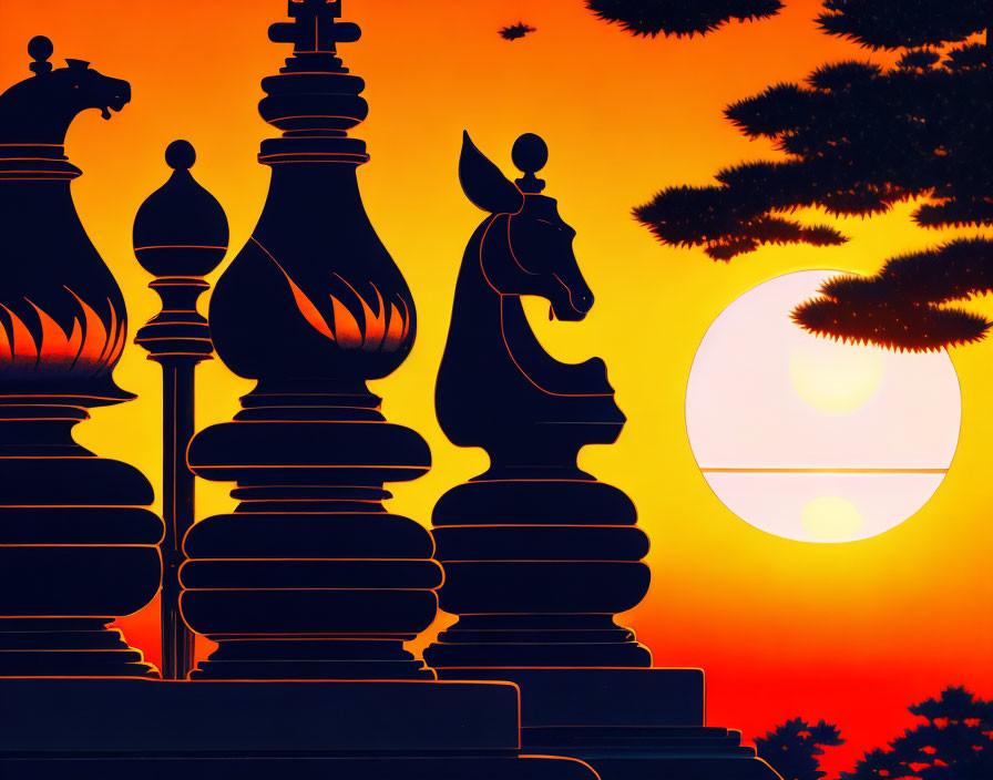 Chess pieces silhouetted against orange sunset with tree branches and sun.