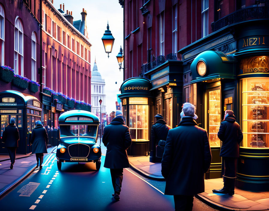 City street scene with vintage cab, pedestrians, and St. Paul's Cathedral at dusk