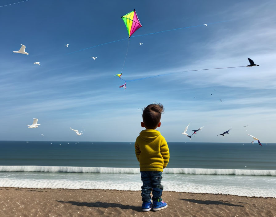 Child in yellow sweater gazes at colorful kites on beach.