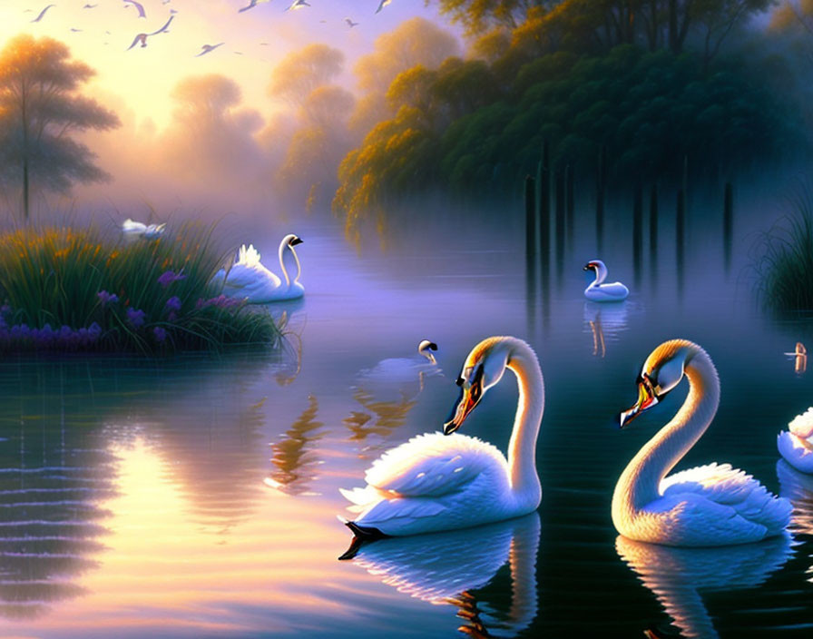 Tranquil twilight lakescape with graceful swans, mist, greenery, and birds.