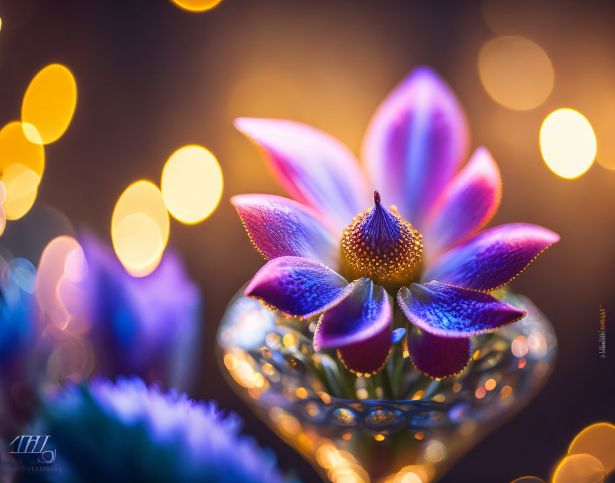 Vibrant purple and pink flower with dew drops on bokeh light background