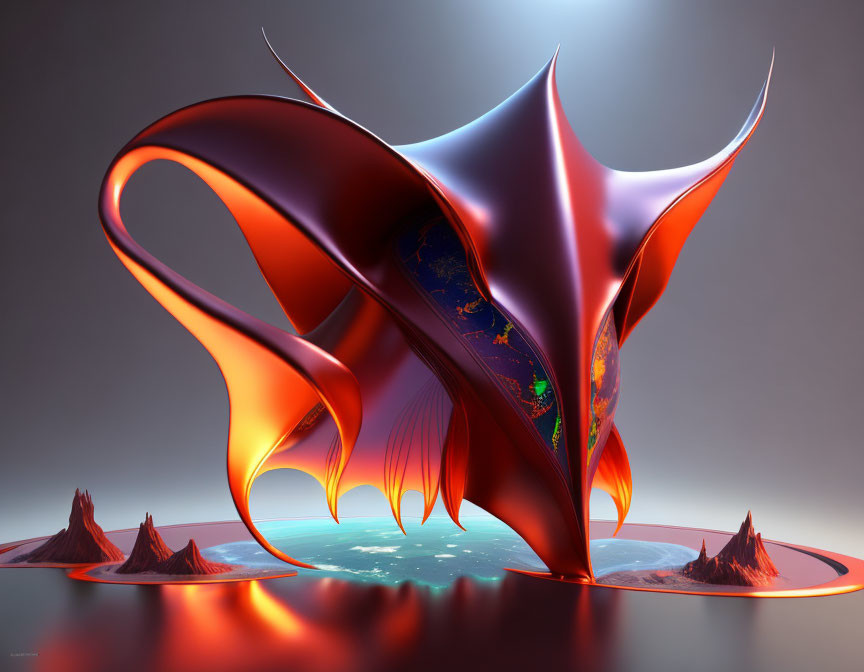 Abstract 3D Digital Art: Red and Purple Wing-Like Structure