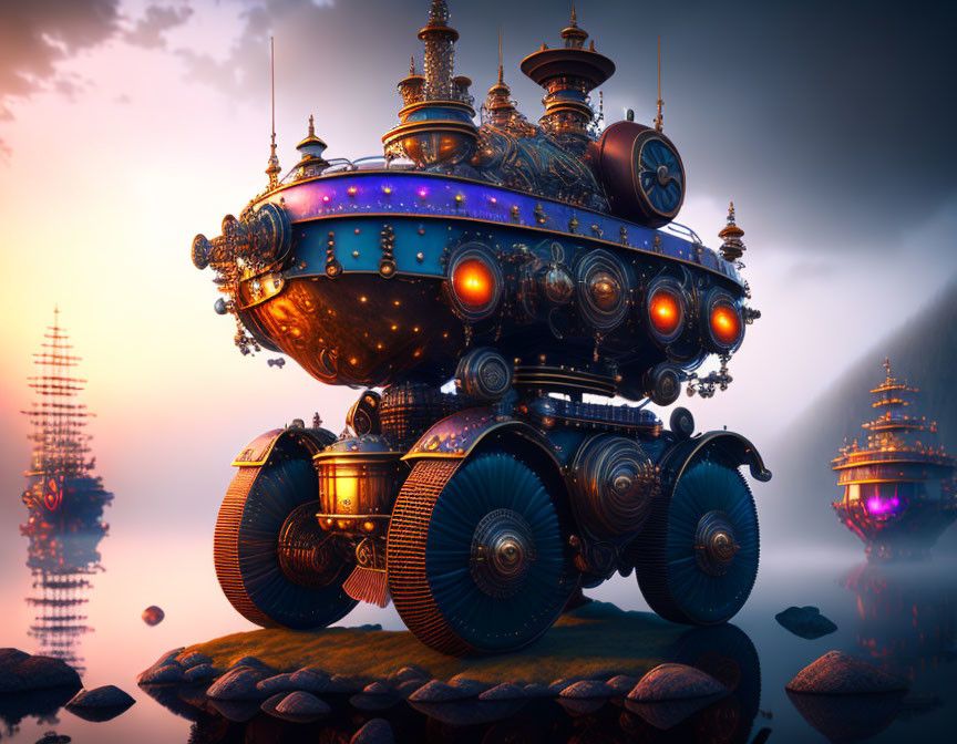 Elaborate steampunk vehicle on rocky landscape at dusk