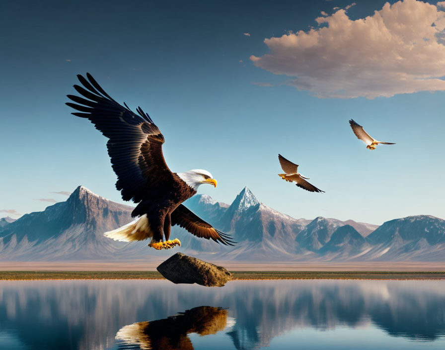 Majestic eagle taking off from rock with wings spread, serene mountains and birds in background