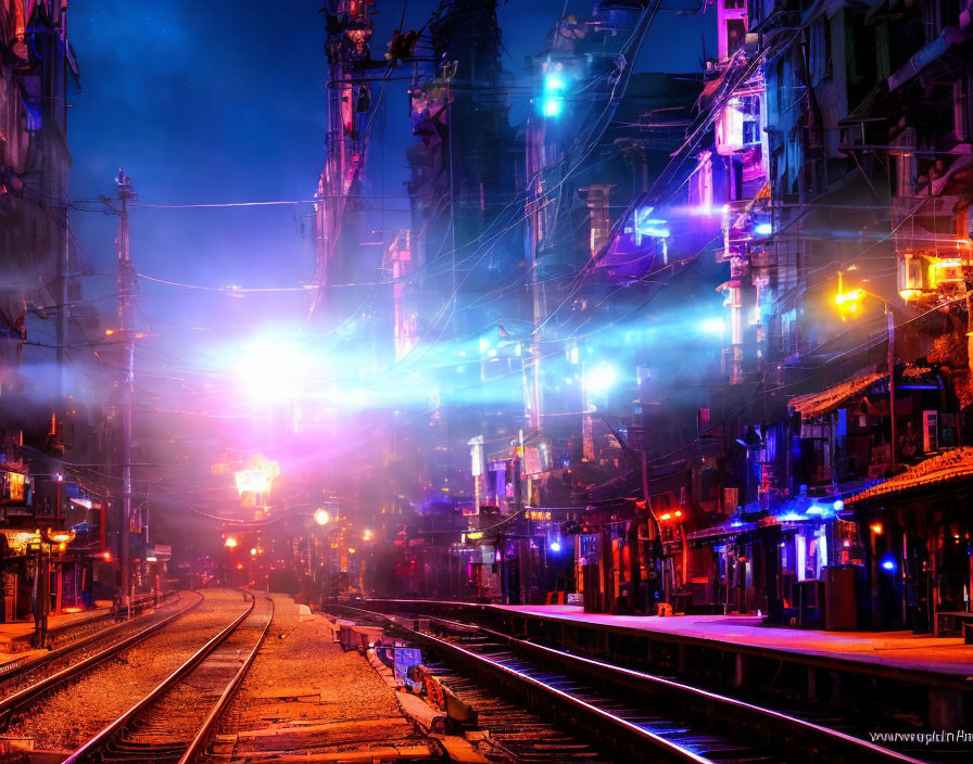 Vibrant night scene: train track in urban area with neon lights