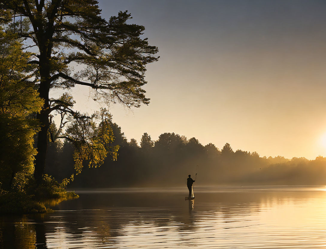 Tranquil sunrise scene: lone fisherman in serene waters.