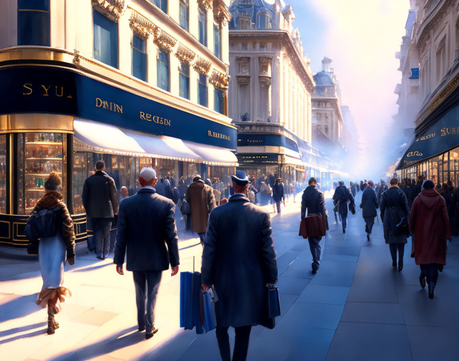 Animated City Street Scene with Well-Dressed Pedestrians and Elegant Storefronts