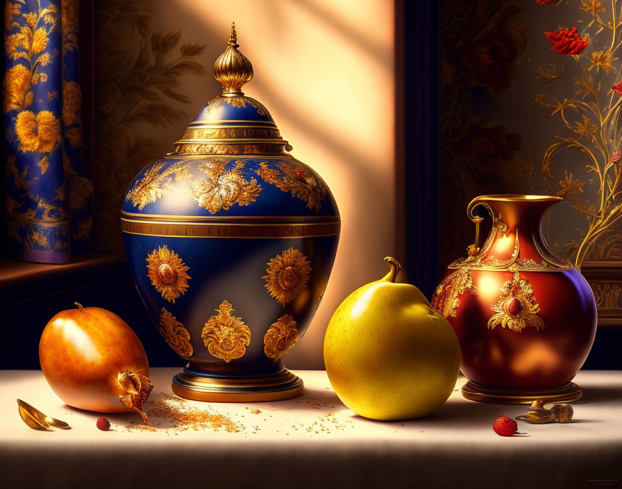 Elegant Still Life with Ornate Urn and Fruits