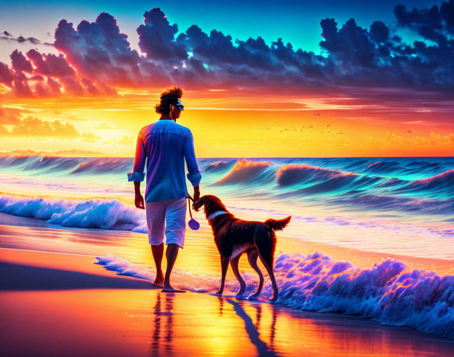 Person and dog walking on beach at vibrant sunset.