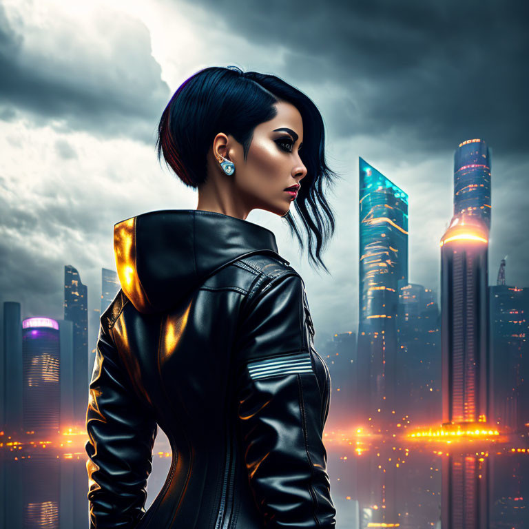 Short black hairstyle woman gazes at futuristic cityscape at twilight