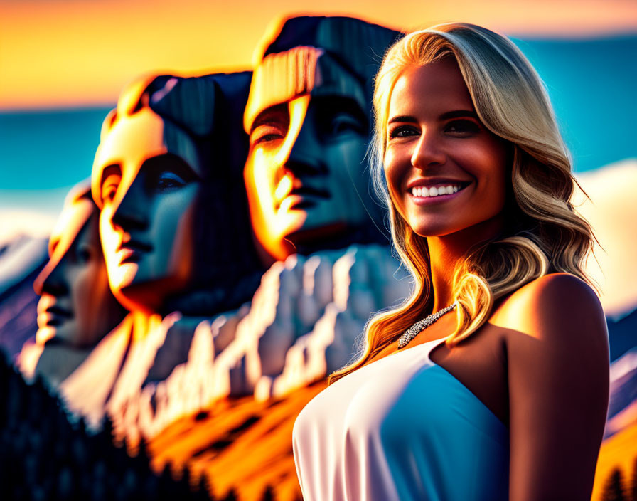 Blonde woman in white dress with Sphinx figures at sunset