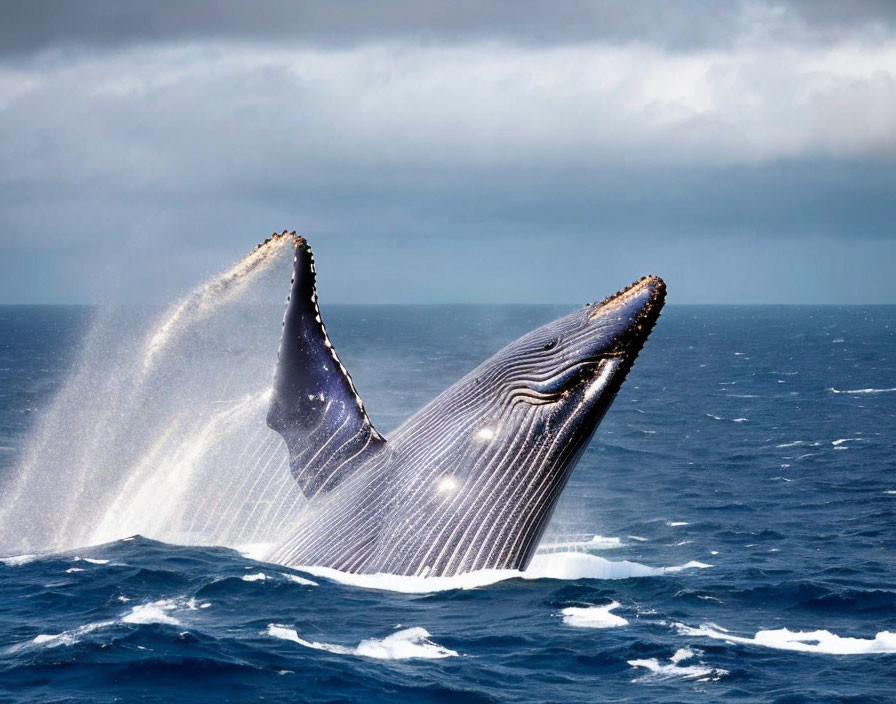 Humpback whale breaching stormy ocean surface