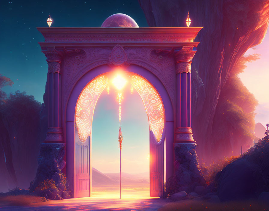 Mystical archway with lanterns in surreal moonlit landscape