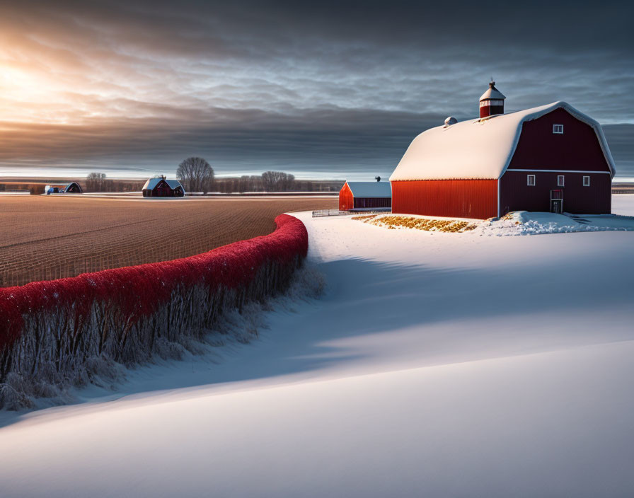 Red barn with white-tipped roof in snowy fields at dusk.