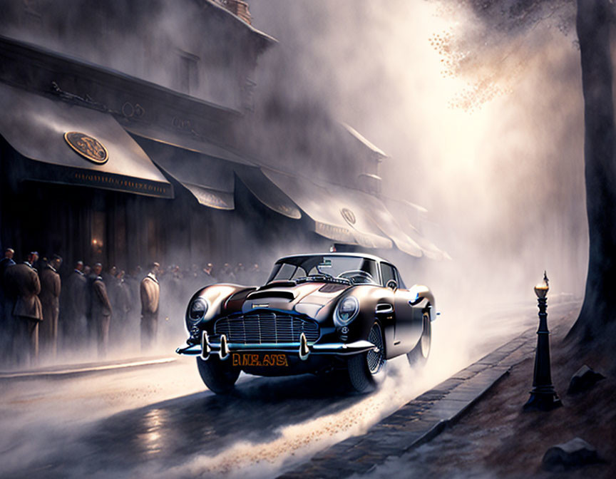 Vintage car races through foggy, cobbled street with pedestrians and shops, exuding film noir vibe