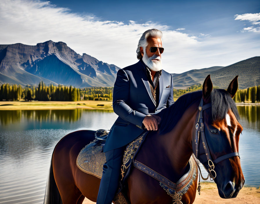 Gray-haired man on horse near lake with mountains