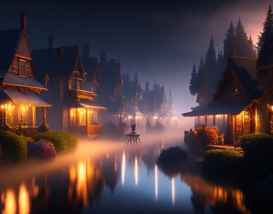 Serene village at twilight with illuminated houses reflected in calm water