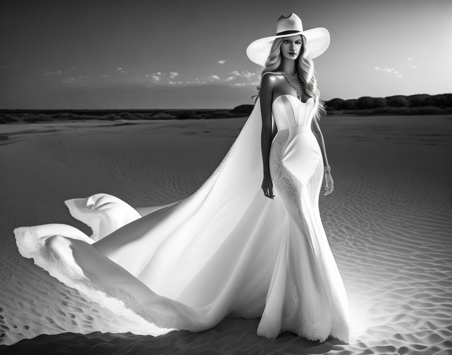 Monochrome image: Woman in flowing dress on sandy beach