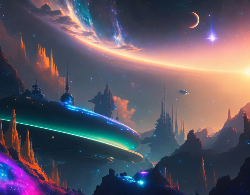 Colorful sci-fi landscape with spaceships, futuristic structures, and celestial bodies.