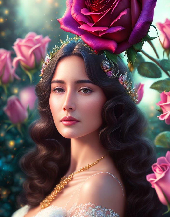 Woman with Rose-Adorned Headpiece Surrounded by Roses on Green Background