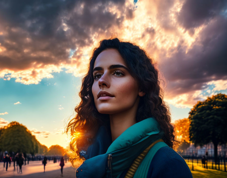 Curly-Haired Woman at Sunset with Dramatic Sky and Park Background