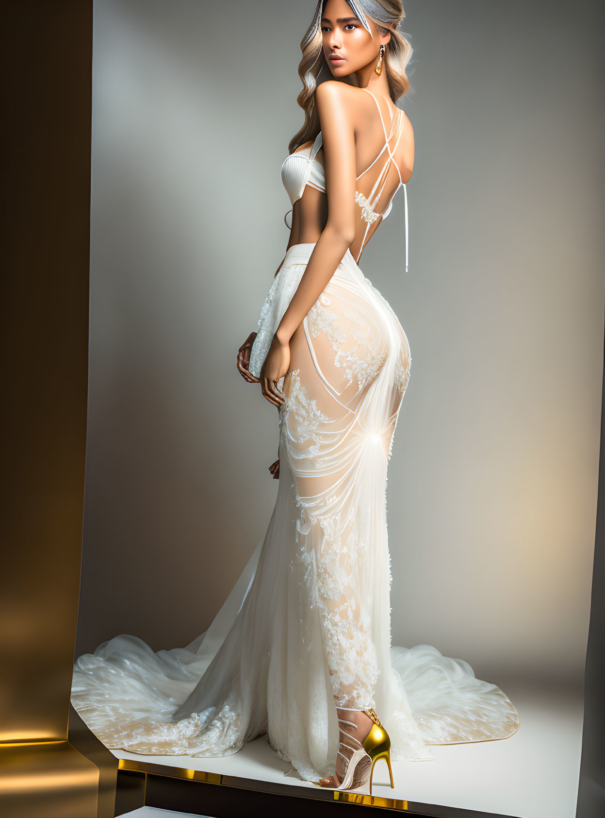 Woman in White Lace Dress and Gold High Heels