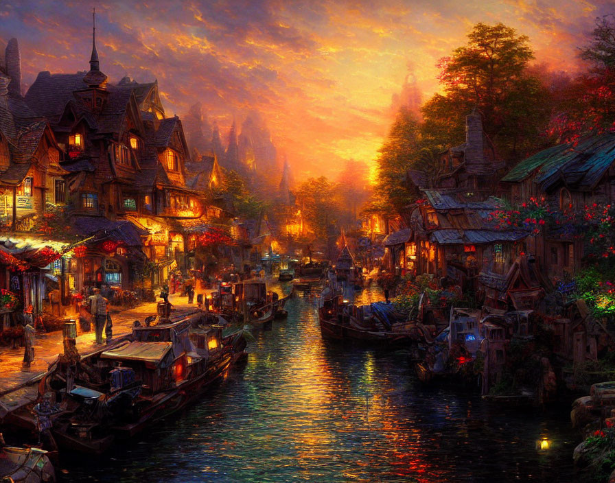 Fantasy village with canal, boats, and fiery sunset sky