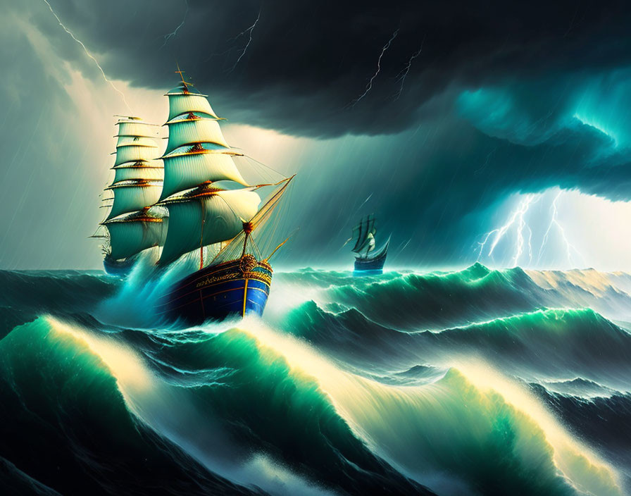 Sailing ships in stormy seas with lightning bolts.