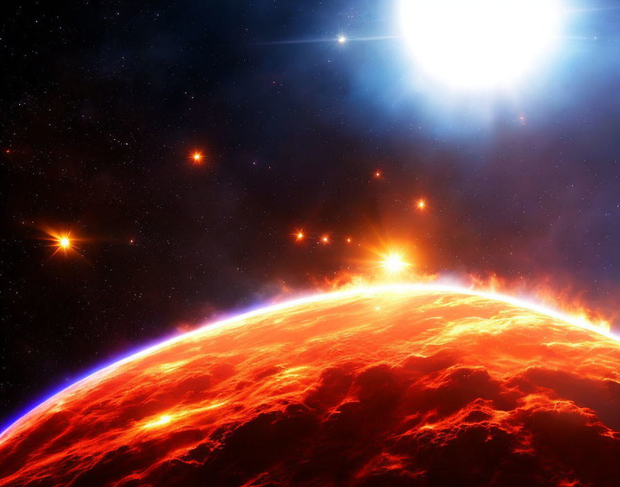 Fiery planet digital artwork in starry space.