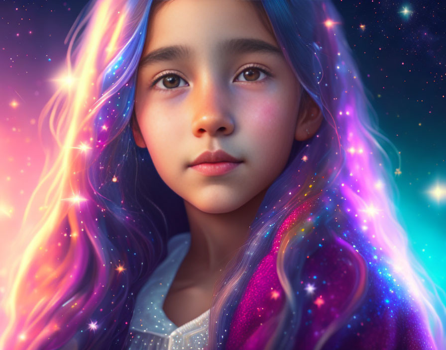 Multicolored Galaxy Hair on Dreamy Girl in Cosmic Setting