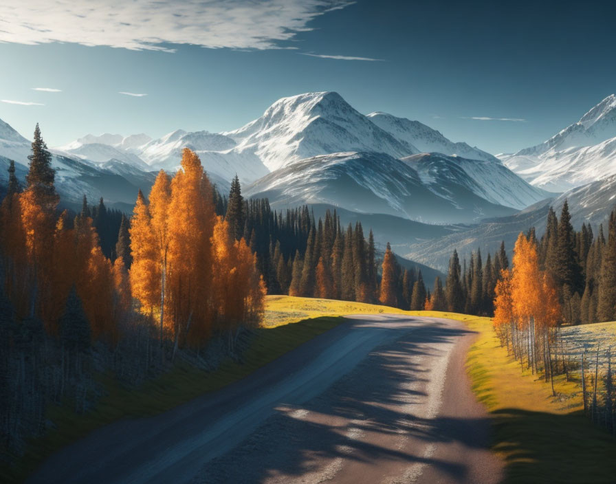 Scenic autumn forest road to snow-capped mountains