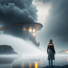 Single Figure in Fantastical Landscape with Illuminated Towers and Stormy Sky