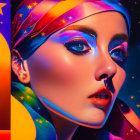 Colorful makeup portrait with starry motifs against crescent moon and stars