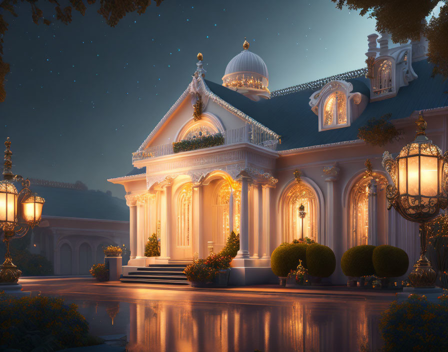 Opulent classical building with ornate details under twilight sky