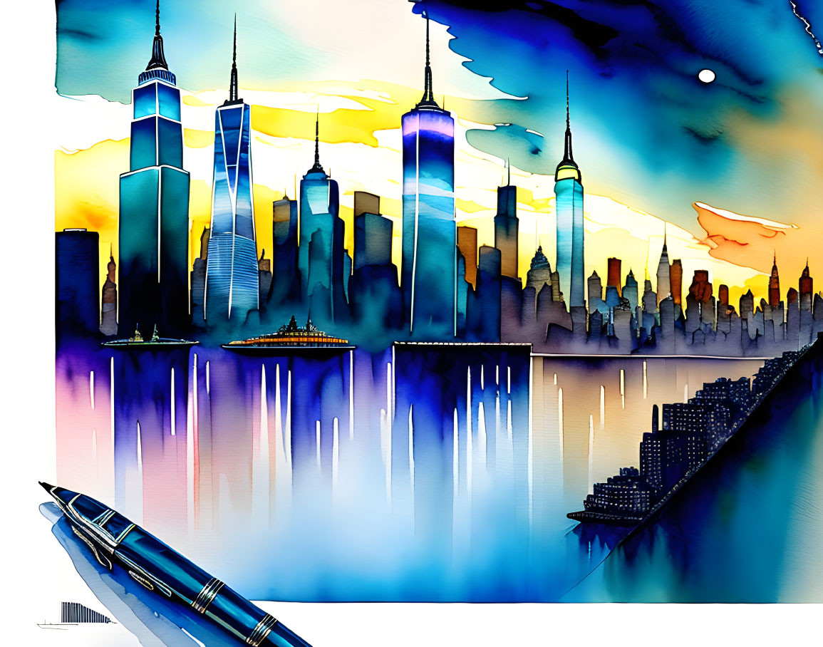 City skyline watercolor illustration with skyscrapers and reflections in blues, yellows, and oranges at