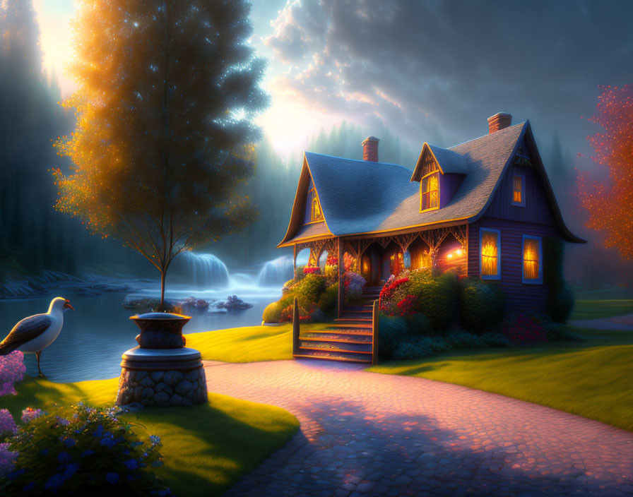 Scenic blue cottage by serene lake at dusk