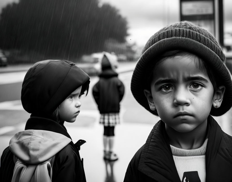 Children in raincoats and hats, one sad, one turned away