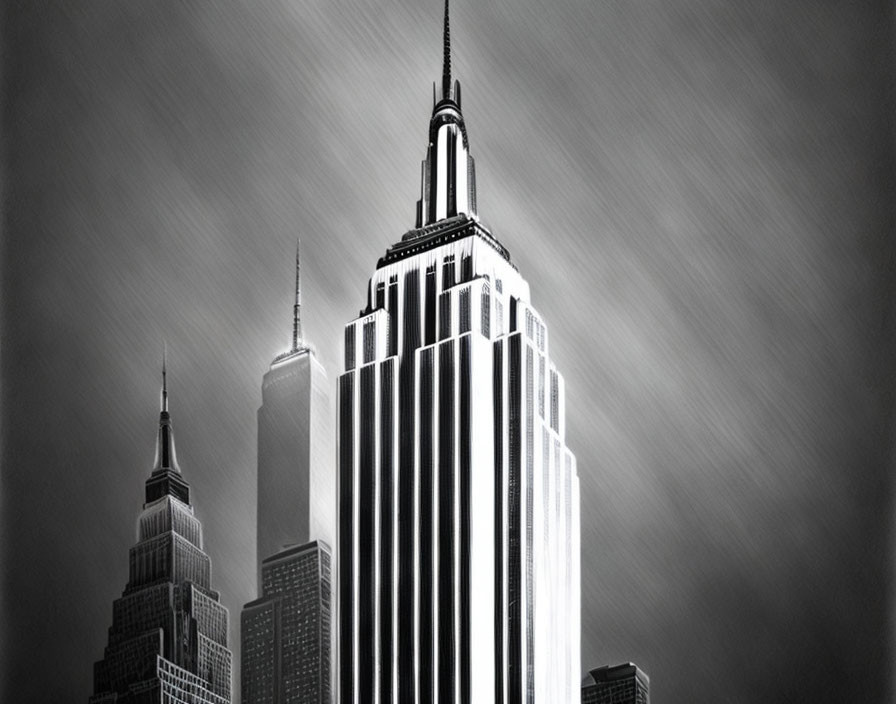 Monochrome image: Empire State Building amid city skyscrapers under cloudy sky