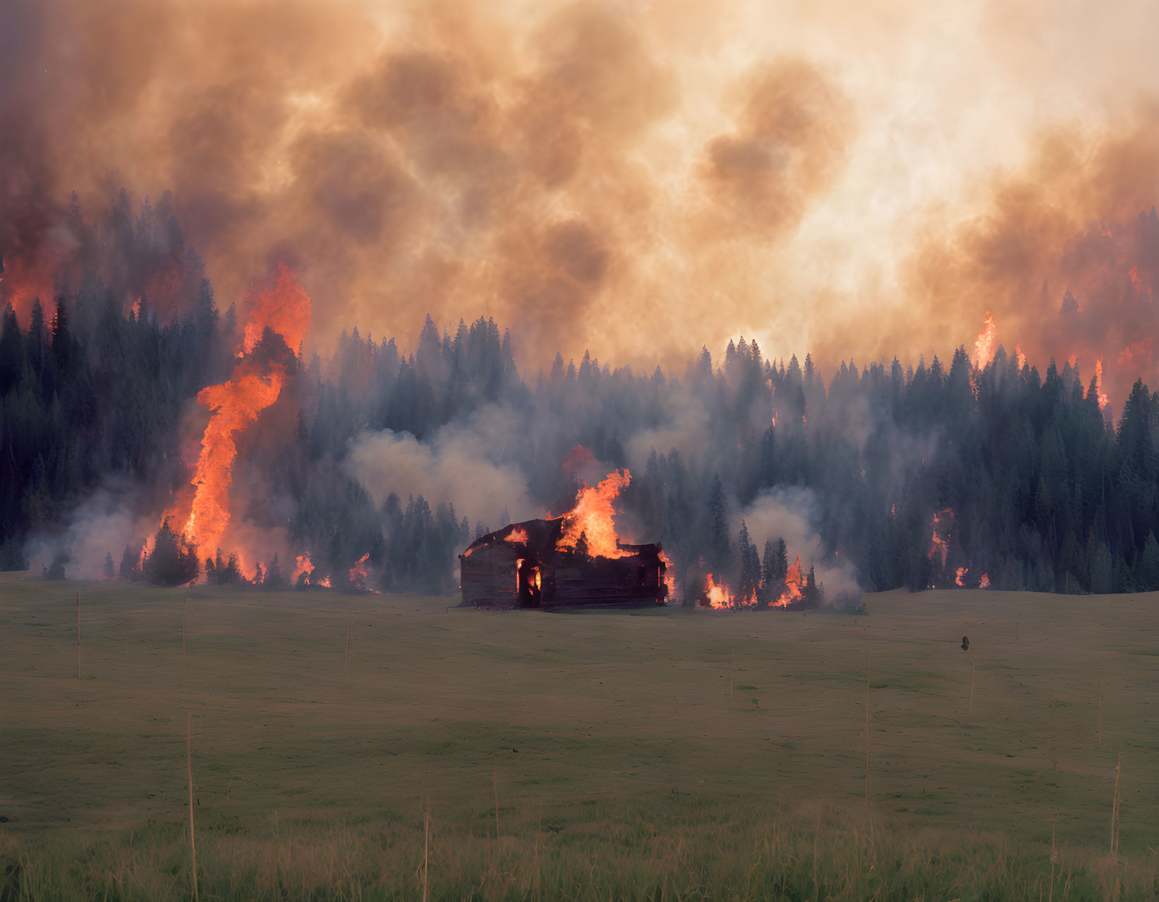 Destructive forest fire consumes trees and structure at dusk