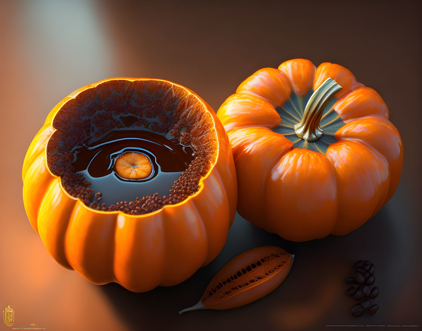 3D-rendered opened pumpkin with coffee liquid, beans, and leaf on reflective surface