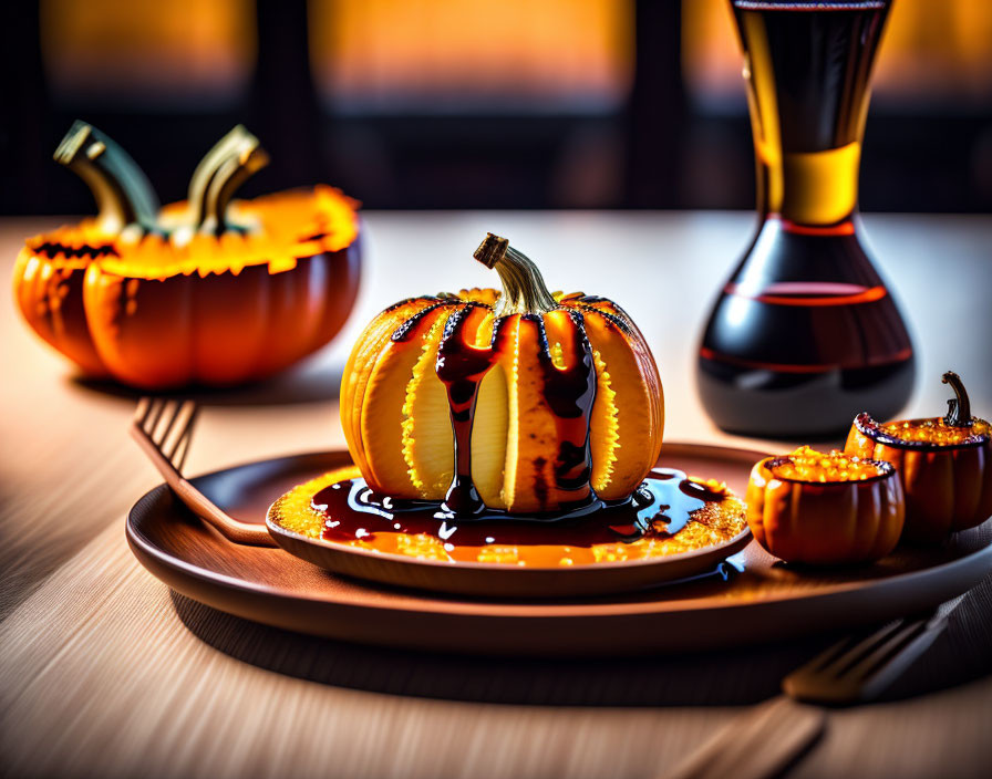 Pumpkin-shaped Halloween dessert with syrup on festive plate