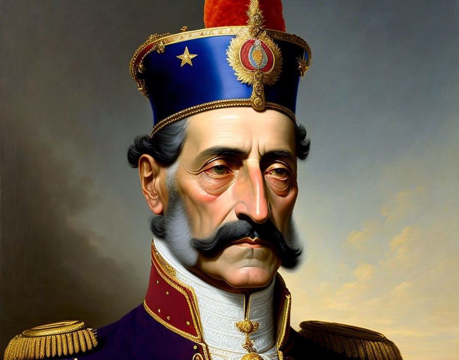 Regal man in blue military uniform with gold epaulettes