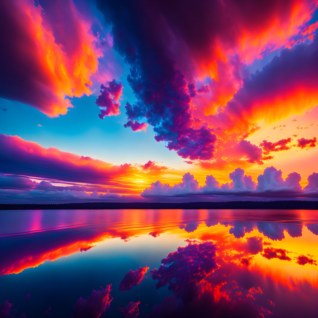 Spectacular sunset reflection on calm lake with fiery colors