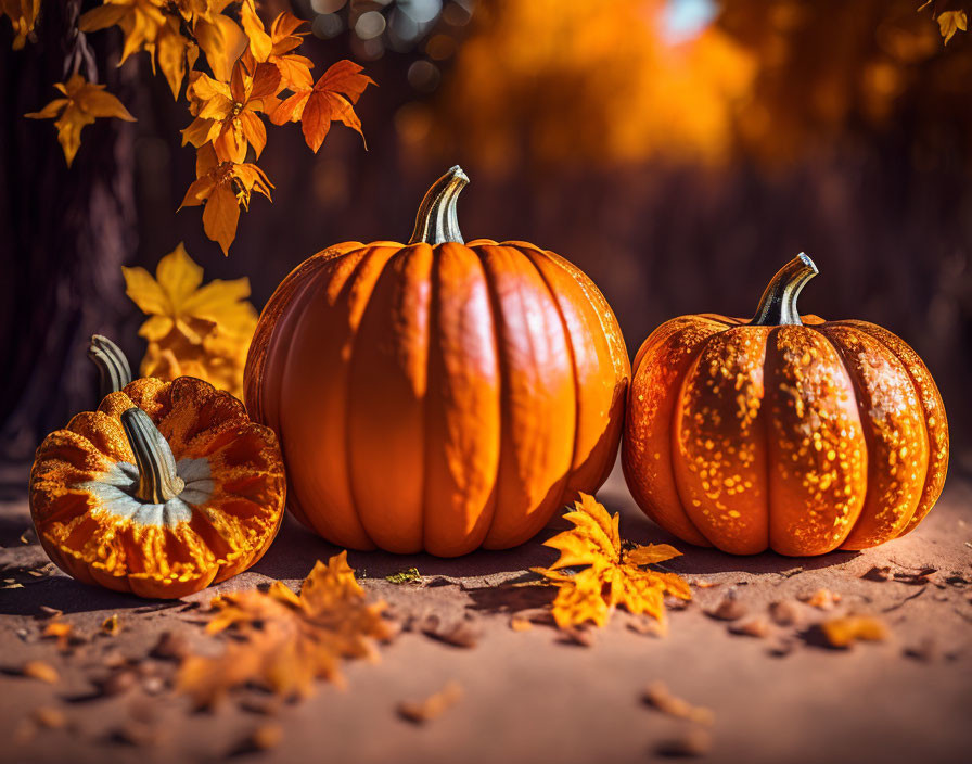 Three pumpkins with autumn leaves on warm fall background