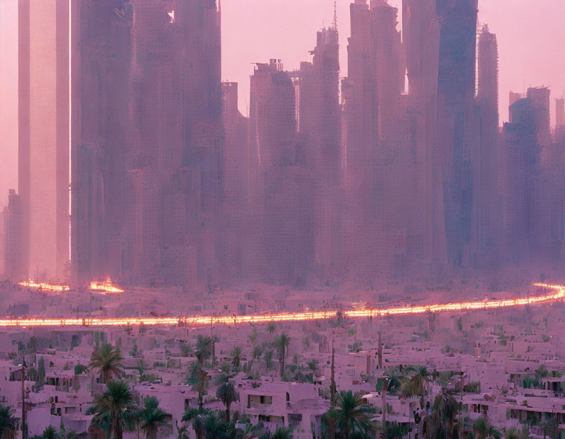 City skyline with illuminated roads at sunset showcasing modern high-rises against low-rise buildings