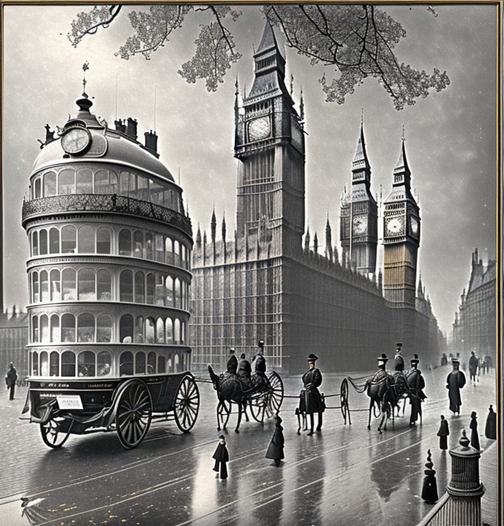 Historic double-decker bus and carriage near Big Ben.